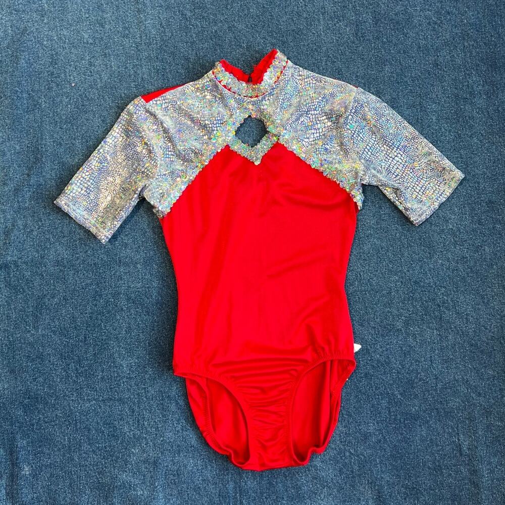 90s red & silver metallic sequin diamond cut out bodysuit unitard leotard